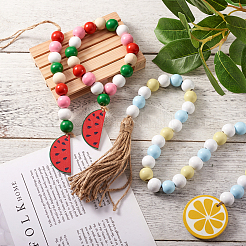 6Pcs 6 Style Wood & Fringed Beaded Pendant Decoration&nbsp;HJEW-CF0001-15