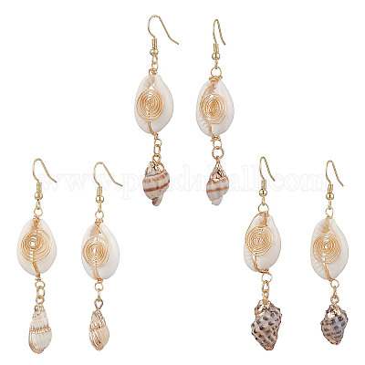 3Pairs Brass & Shell Dangle Earrings&nbsp;EJEW-JE06323-1