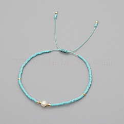 Adjustable Glass Seed Bead Braided Bead Bracelets for Women, with Natural Freshwater Pearls & Brass, Sky Blue, 11.02 inch(28cm)