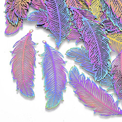 Ion Plating(IP) 201 Stainless Steel Filigree Pendants, Etched Metal Embellishments, Feather, Rainbow Color, 47x19x0.3mm, Hole: 1.2mm