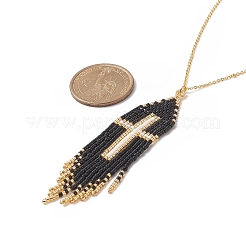 Glass Seed Beaded Cross Tassel Pendant Necklaces&nbsp;NJEW-MZ00011-01