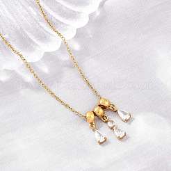 304 Stainless Steel Pave Clear Cubic Zirconia 3 Teardrop Pendant Necklaces for Women&nbsp;SA-CBABBA6-01G