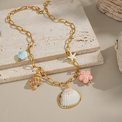 European Electroplated Natural Shell & Ceramic Shell Flower Pendant 304 Stainless Steel Paperclip Chain Bib Necklaces&nbsp;DC9406