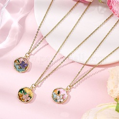 3Pcs 3 Styles Flower Alloy Enamel Pendant 304 Stainless Steel Cable Chain Necklaces for Women&nbsp;NJEW-JN05551