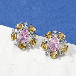 Flower Brass Micro Pave Cubic Zirconia Stud Earrings&nbsp;EJEW-M082-20P