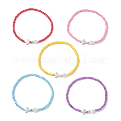 5Pcs Glass Seed Bead Stretch Bracelets with Brass Cross & Imitation Pearl&nbsp;BJEW-MZ00300