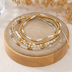 5Pcs Glass & Metal Gold & White Beaded Bracelet Sets&nbsp;AB9103-2