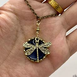 Bohemian Flat Round with Dragonfly Pattern Alloy Dark Cyan Glass Pendant Necklaces for Women&nbsp;FS-WG33723-01