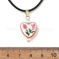 Printed Porcelain Heart Penant Black Waxed Cord Necklace for Women&nbsp;NJEW-JN06482