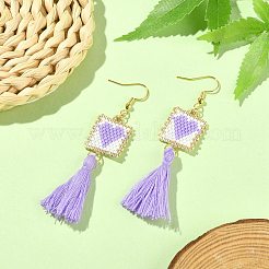 Glass Rectangle with Tassel Dangle Earrings&nbsp;EJEW-MZ00065