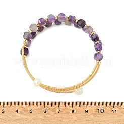 Cube Natural Amethyst & Freshwater Pearl Beaded Copper French Wire Wrap Cuff Bangles&nbsp;BJEW-JB13984-02