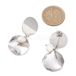 201 Stainless Steel Shell Pearl Flat Round Dangle Stud Earrings&nbsp;EJEW-JE06751-02