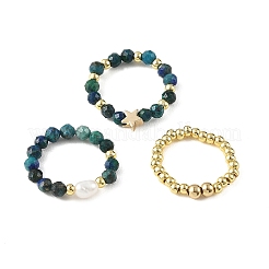 3 Pcs Natural Gemstone & Cultured Freshwater Pearl & Brass Beaded Stretch Ring Set&nbsp;RJEW-JR01084