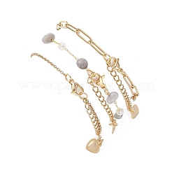 304 Stainless Steel Heart & Natural Labradorite Nuggets Link Chain 3 Layer Stackable Necklaces&nbsp;BJEW-JB12459-02