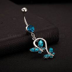 Piercing Jewelry Real Platinum Plated Brass Rhinestone Double Butterfly Navel Ring Belly Rings&nbsp;AJEW-EE0001-41B