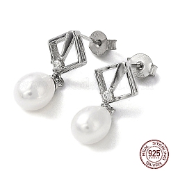 Anti-Tarnish Cubic Zirconia Rhombus with Natural Pearl Dangle Stud Earrings&nbsp;EJEW-F318-19P