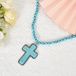 Alloy Pave Dyed Synthetic Turquoise Cross Pendant 8MM Round Beaded Necklaces for Women&nbsp;NJEW-WH20816-005AS
