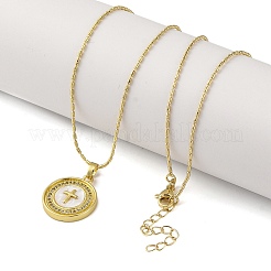 Brass Cubic Zirconia Flat Round Cross Pendant Necklaces&nbsp;NJEW-R100-02G