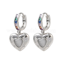 Brass Micro Pave Cubic Zirconia and Cat Eye Beads Heart Hoop Dangle Earrings&nbsp;KK-CBAD9DF-01P-D