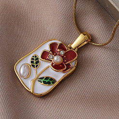 Vintage 304 Stainless Steel Enamel Flower Pendant Necklaces with Imitation Pearl for Women&nbsp;CU9573