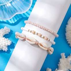 Summer Beach Natural Mixed Cowrie Shell Glass & Alloy Beaded Stretch Bracelet & Braided Bead Bracelets Sets&nbsp;BJEW-JB10838