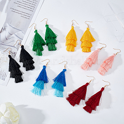 6 Pairs 6 Colors Cotton Triple Layer Tassel Dangle Earrings&nbsp;EJEW-AN0001-64
