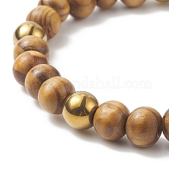 Natural Wood & Synthetic Hematite Round Beaded Stretch Bracelet for Women&nbsp;BJEW-JB09148
