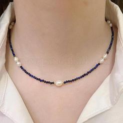 Elegant Natural Freshwater Pearl Rice & Natural Lapis Lazuli Faceted Round Beaded Necklaces for Women&nbsp;HF8817