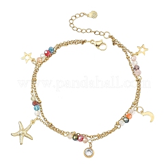 Ocean Faceted Rondelle Electroplate Glass 2-Strand 304 Stainless Steel Starfish Charm Anklets for Women&nbsp;AJEW-AN00793-01