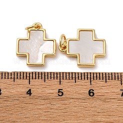 Brass Pave Natural White Shell Cross Pendants&nbsp;KK-P308-01G