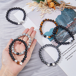 3 Sets 3 Style Natural & Synthetic Mixed Gemstone & Glass Round Beaded Stretch Bracelet Sets&nbsp;BJEW-FI0001-39