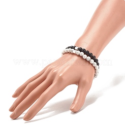 2Pcs Natural Lava Rock & Howlite Round Beaded Stretch Bracelets Set with Synthetic Hematite Column&nbsp;BJEW-JB08060-01