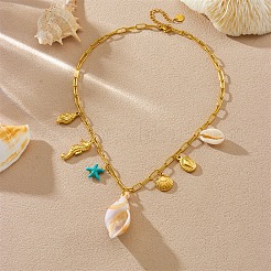 304 Stainless Steel Starfish Sea Horse Shell Shape Pendant Necklaces for Women&nbsp;NJEW-F347-01B