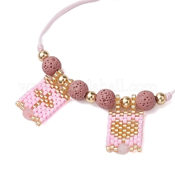 Natural Lava Rock & Natural Rose Quartz & Glass Seed Beaded Braided Bracelets&nbsp;BJEW-MZ00063-02