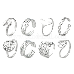 8Pcs 8 Style Whale Tail & Wave & Flower & Vortex & Snake Stainless Steel Open Cuff Ring Set&nbsp;RJEW-FS0001-02