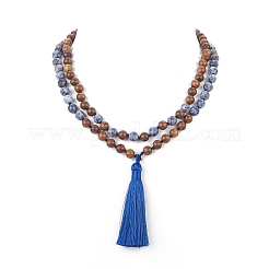 Natural Blue Spot Jasper & Wood Buddhist Necklace&nbsp;NJEW-JN04306