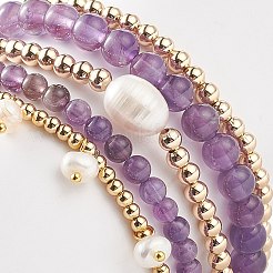 5Pcs 5 Style Natural Amethyst & Brass Beaded Stretch Bracelets Set&nbsp;BJEW-JB08870-01