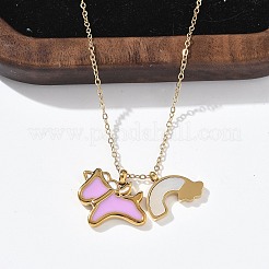 304 Stainless Steel Pearl Pink Enamel & Natural White Shell Pendant Unicorn Rainbow Pendant Necklaces for Women&nbsp;NJEW-M101-02G
