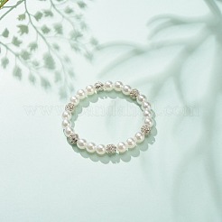 ABS Plastic Pearl & Brass Round Beaded Stretch Bracelet with Clear Rhinestone for Women&nbsp;BJEW-JB08523-02