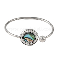Natural Paua Shell Flat Round 304 Stainless Steel Open Cuff Bangles with Round Ball&nbsp;BJEW-JB14371