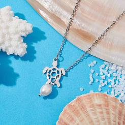 Natural Pearl & Hollow Turtle Lariat Necklaces&nbsp;NJEW-JN04528-02