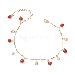 Dyed Natural Banded Agate Round & 304 Stainless Steel Shell Shape Tassel Anklets for Women&nbsp;AJEW-AN00702-02