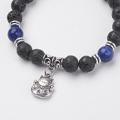 Natural Lava Rock Beads Kitten Charm Bracelets&nbsp;BJEW-I241-14B