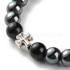 Natural Obsidian & Non-Magnetic Synthetic Hematite Round Beads Energy Stretch Bracelet for Men Women&nbsp;BJEW-JB06968-04