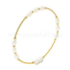 Rice Natural Cultured Freshwater Pearl & Brass Beaded Copper French Wired Bangles&nbsp;BJEW-JB13981