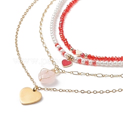 4Pcs 4 Style Natural Rose Quartz & 304 Stainless Steel & Alloy Enamel Pendant Necklaces Set&nbsp;NJEW-JN04069