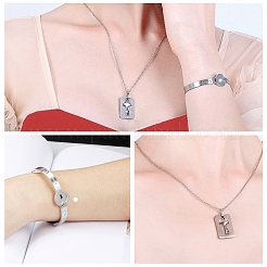 304 Stainless Steel Heart Lock Bangle with Cubic Zirconia&nbsp;SJEW-K001-01P