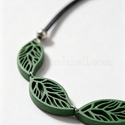 Boho Hollow Wood Leaf Beaded Black Multi-Strand PU Leather Necklaces for Women&nbsp;WGCAA73-01