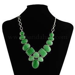 Natural Malaysia Jade Gemstone Bib Statement Necklaces with Alloy Cabochon Settings and Silver Color Plated Brass Chains&nbsp;NJEW-R224-02E-B