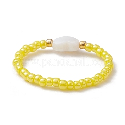 Natural Shell Heart & Glass Seed Beaded Stretch Rings&nbsp;RJEW-JR00606